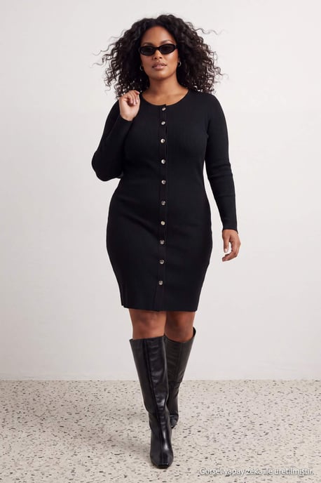 Trendyol Curve Dam Svart Enfärgad Kort / Mini Lång Bodycon Stora storlekar Klänning - Image 2
