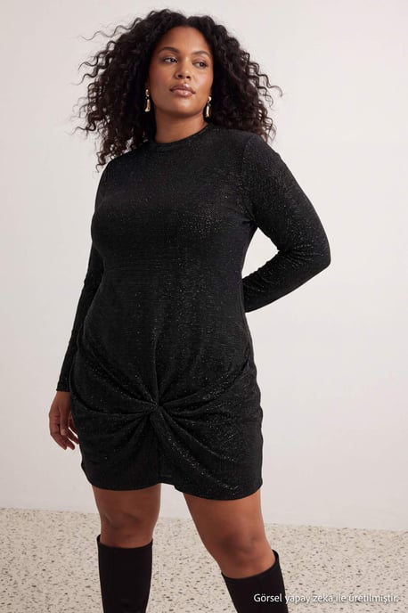 Trendyol Curve Dam Svart Enfärgad Kort / Mini Lång Bodycon Stora storlekar Klänning - Image 6