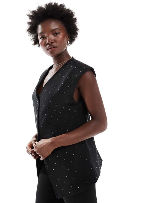 ASOS DESIGN exaggerated shoulder hotfix waistcoat in black - Image 2
