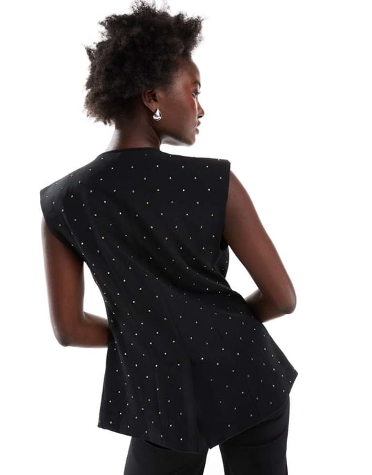 ASOS DESIGN exaggerated shoulder hotfix waistcoat in black - Image 4