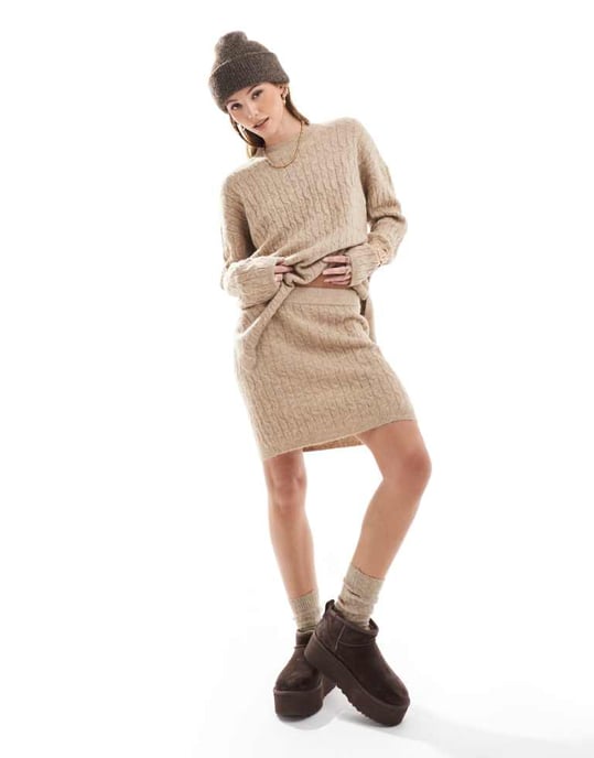 Vero Moda cable knit mini skirt co-ord in camel - Image 1
