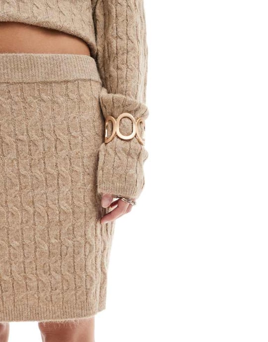 Vero Moda cable knit mini skirt co-ord in camel - Image 2