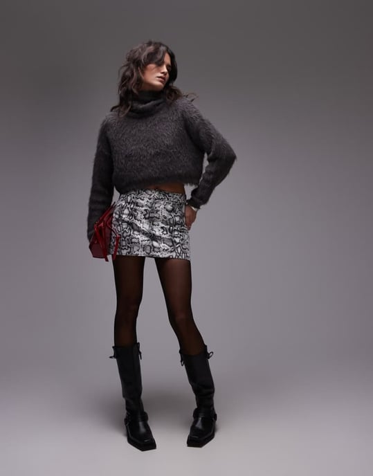Topshop denim mini pelmet skirt in grey snake print - Image 1