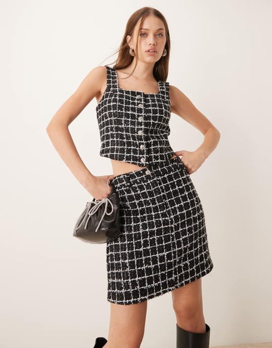 YAS boucle mini skirt co-ord in mono check - Image 2