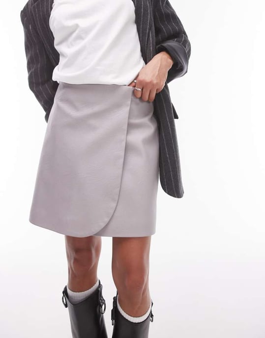 Topshop faux leather wrap mini skirt in dove grey - Image 3