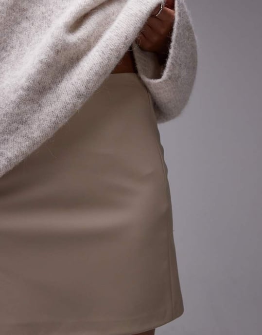 Topshop Petite faux leather step hem mini skirt in fawn - Image 3