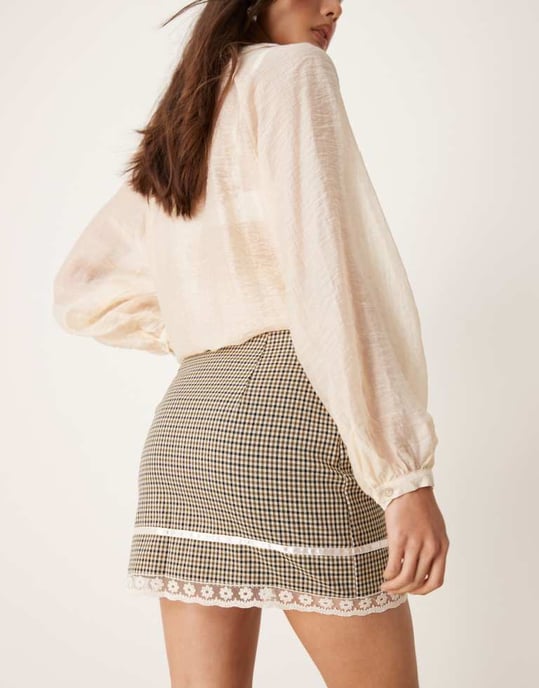 Miss Selfridge tailored lace trim bow mini skirt in check - Image 3