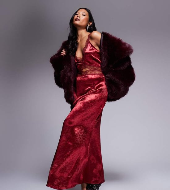 Never Fully Dressed Petite Mimi lace cut-out slip midaxi dress in oxblood - Image 1