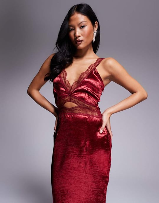 Never Fully Dressed Petite Mimi lace cut-out slip midaxi dress in oxblood - Image 4