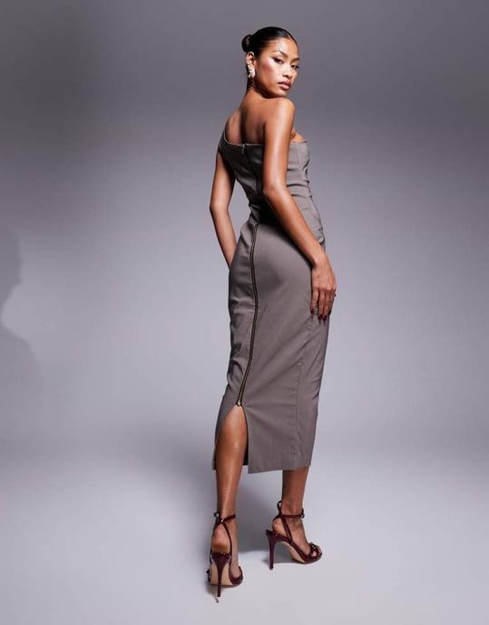 Vesper bengaline one shoulder midaxi dress in taupe - Image 3