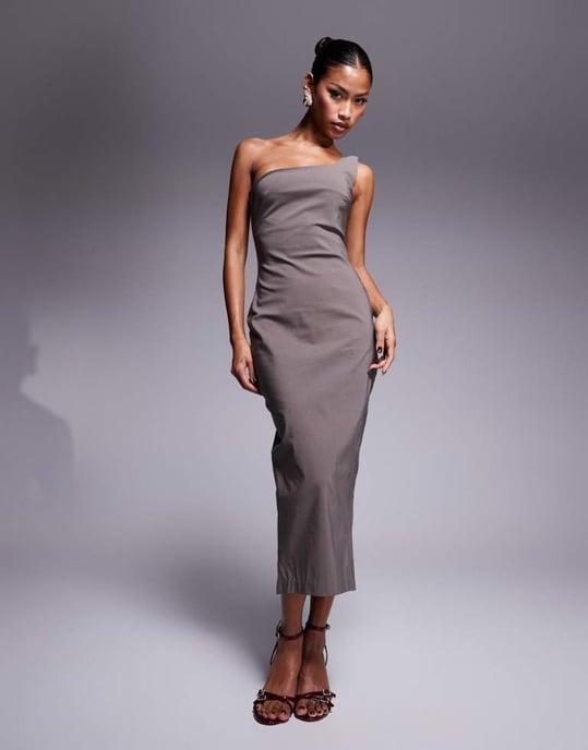 Vesper bengaline one shoulder midaxi dress in taupe - Image 4