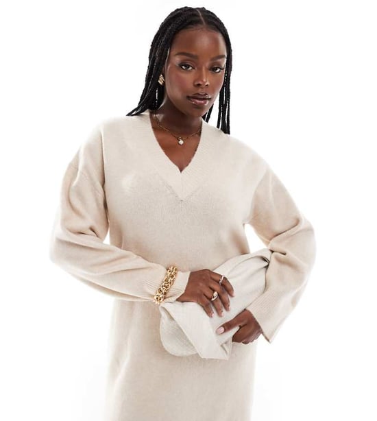 ASOS DESIGN Curve knitted v neck midaxi dress in oatmeal - Image 1