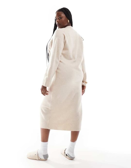 ASOS DESIGN Curve knitted v neck midaxi dress in oatmeal - Image 2
