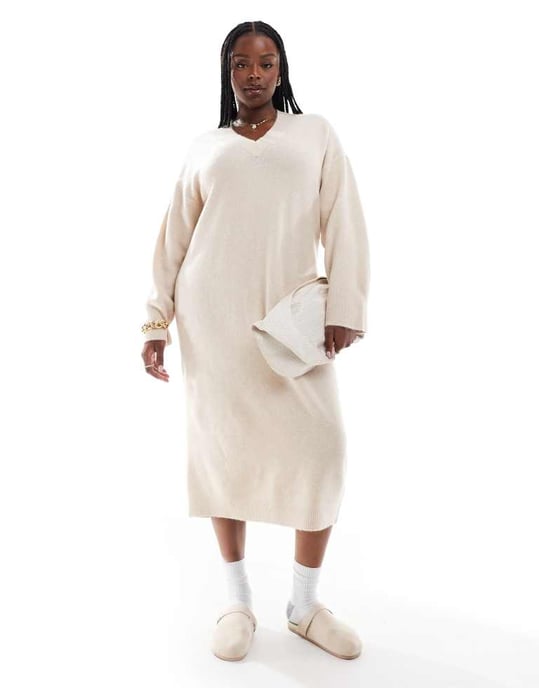 ASOS DESIGN Curve knitted v neck midaxi dress in oatmeal - Image 3