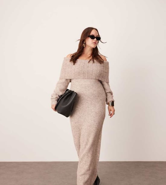 ASOS EDITION Curve knitted bardot midaxi dress in mushroom - Image 1