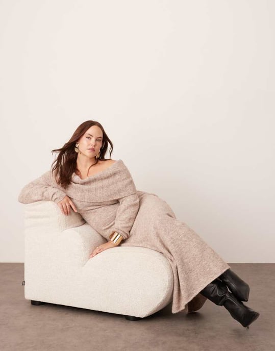 ASOS EDITION Curve knitted bardot midaxi dress in mushroom - Image 2