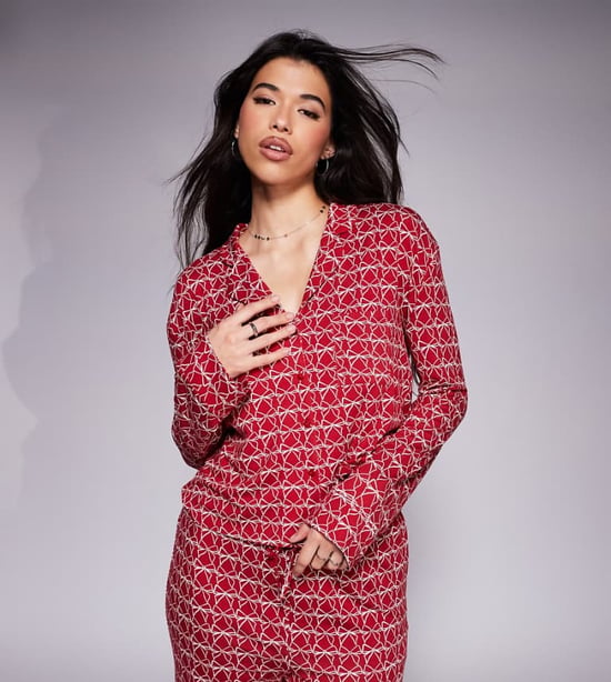 Kaiia exclusive mix and match cropped button through pyjama top co-ord in burgundy bow print - Image 1