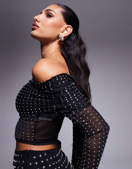 ASOS DESIGN hotfix off shoulder long sleeve top in black - Image 2