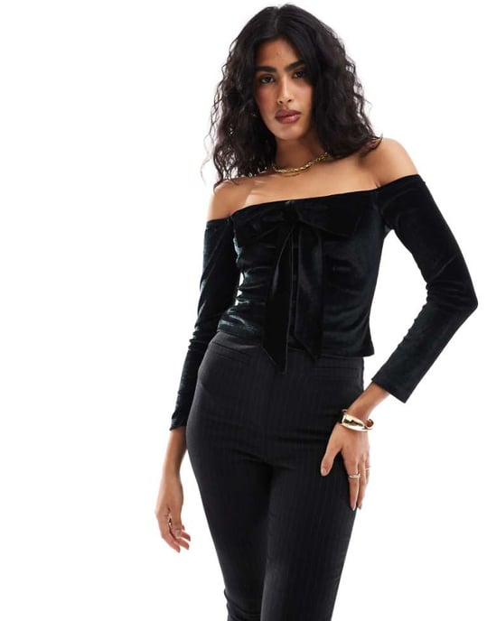 ASOS DESIGN bardot velvet long sleeve top with extreme bow detail in black - Image 1