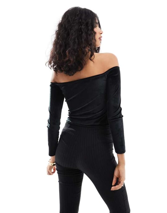 ASOS DESIGN bardot velvet long sleeve top with extreme bow detail in black - Image 3