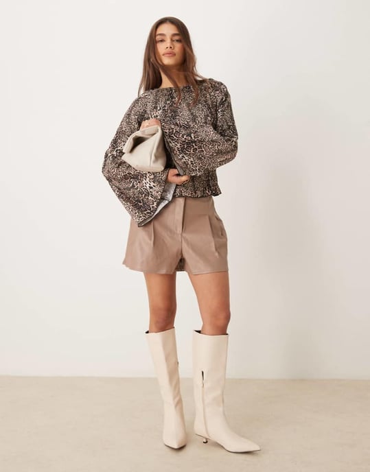 ASOS DESIGN pleat detail faux leather shorts in mocha - Image 1