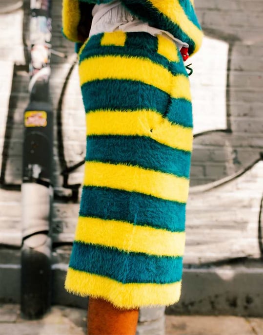 Labelrail x OliBrom fluffy longline shorts in yellow and green stripe co-ord - Image 2