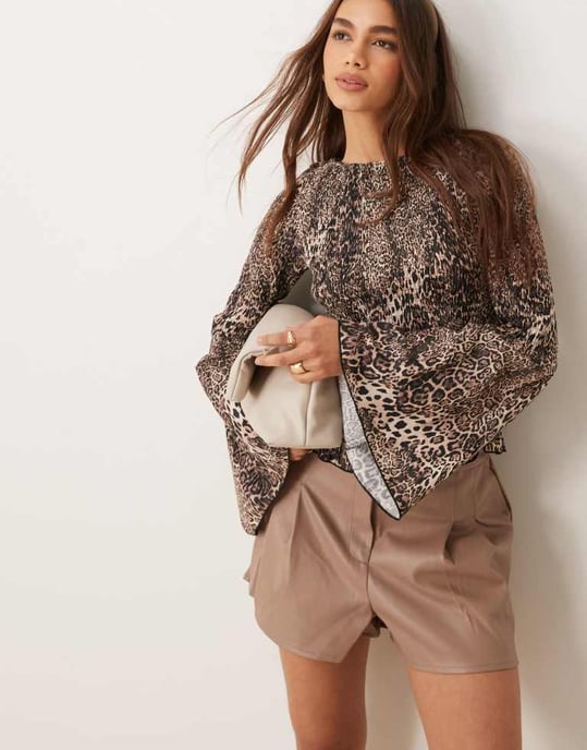 ASOS DESIGN pleat detail faux leather shorts in mocha - Image 2