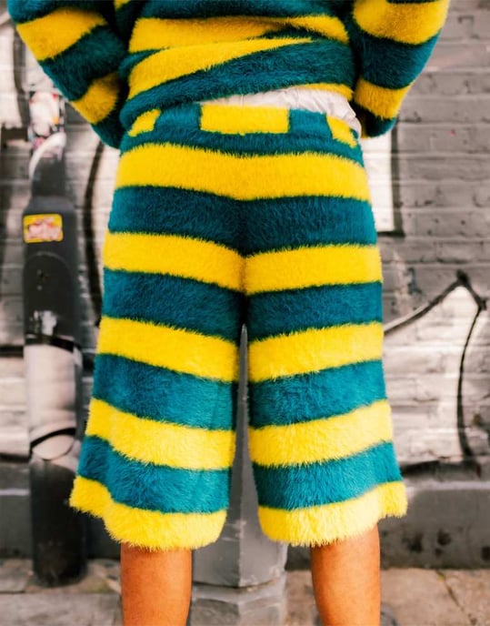 Labelrail x OliBrom fluffy longline shorts in yellow and green stripe co-ord - Image 3