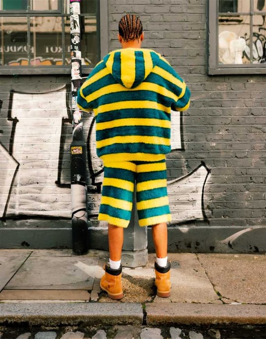 Labelrail x OliBrom fluffy longline shorts in yellow and green stripe co-ord - Image 4