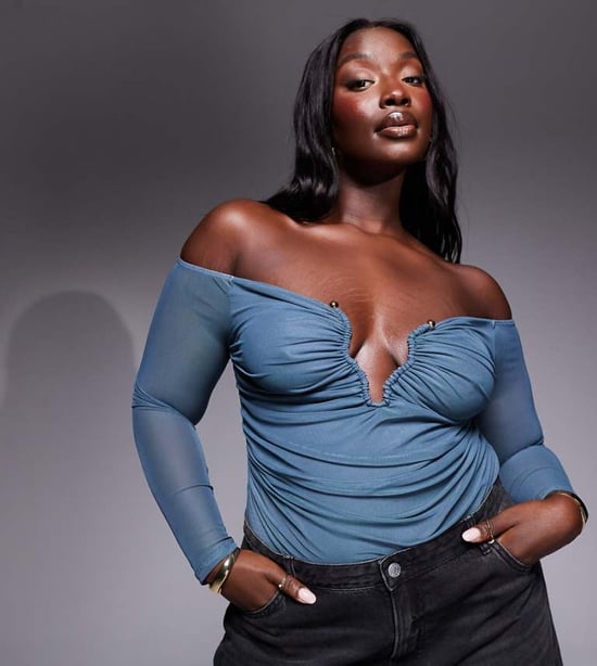 ASOS DESIGN Curve plunge trim mesh off shoulder bodysuit in blue - Image 1