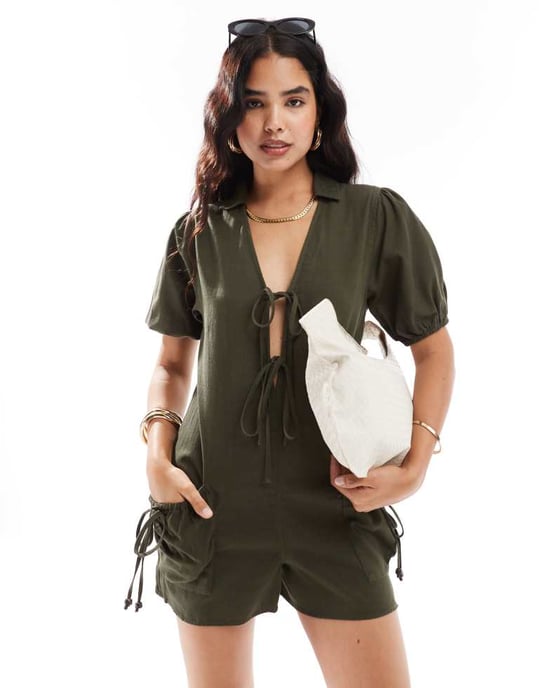 ASOS DESIGN dropped drawstring pocket playsuit with puff sleeve detail in dark olive - Image 2