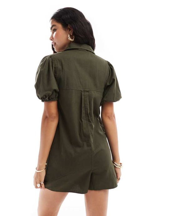 ASOS DESIGN dropped drawstring pocket playsuit with puff sleeve detail in dark olive - Image 3