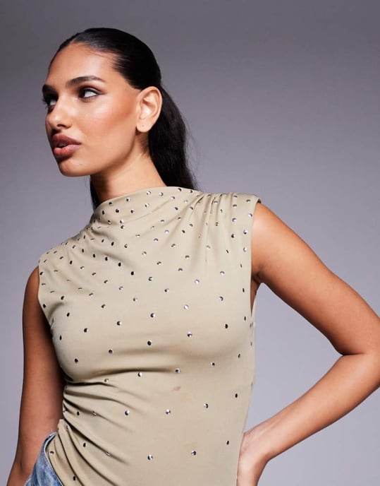ASOS DESIGN high neck hotfix stud bodysuit in light khaki - Image 1