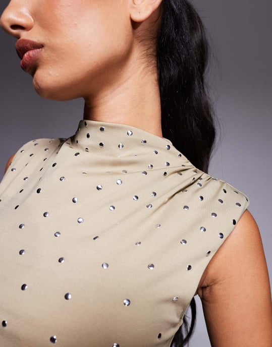 ASOS DESIGN high neck hotfix stud bodysuit in light khaki - Image 2