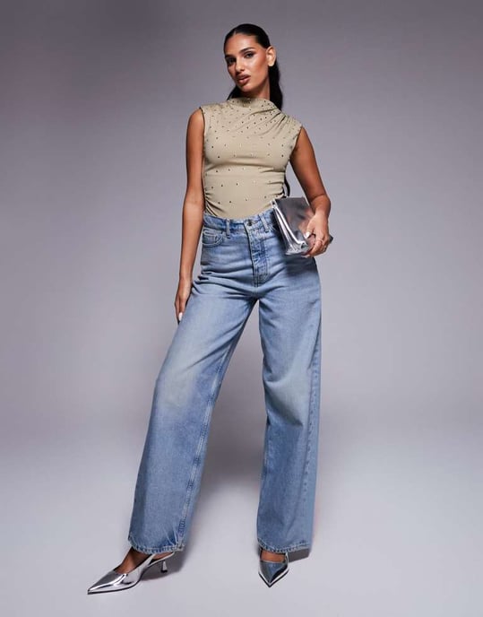 ASOS DESIGN high neck hotfix stud bodysuit in light khaki - Image 3