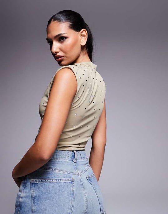 ASOS DESIGN high neck hotfix stud bodysuit in light khaki - Image 4
