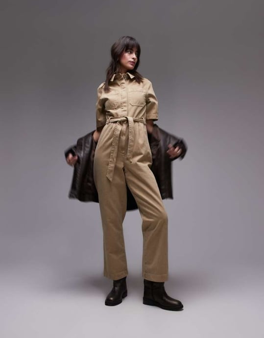 Topshop short sleeve jumpsuit in stone - Image 1
