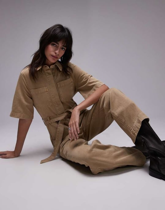 Topshop short sleeve jumpsuit in stone - Image 2