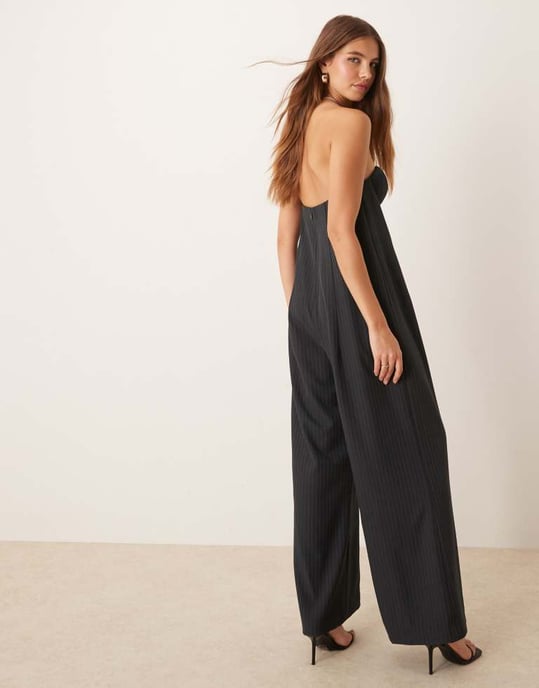 ASOS DESIGN bandeau pleated bust wide leg jumpsuit in grey pinstripe - Image 3