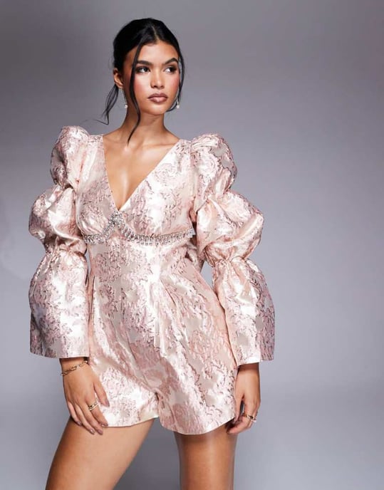 ASOS LUXE embellished jacquard playsuit with bow back in pink - Image 1