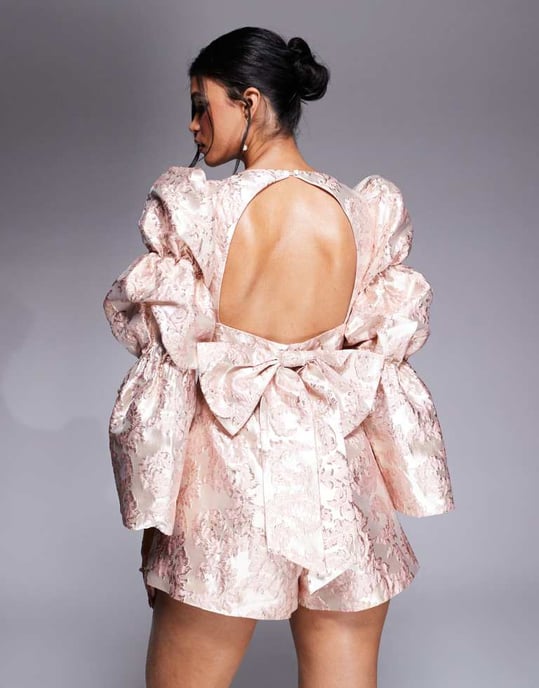 ASOS LUXE embellished jacquard playsuit with bow back in pink - Image 3