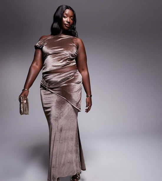 ASOS DESIGN Curve co-ord velvet drape fishtail maxi skirt in mink - Image 1
