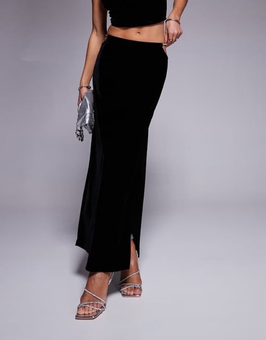 ASOS DESIGN co-ord velvet midi skirt with diamante trim in black - Image 1