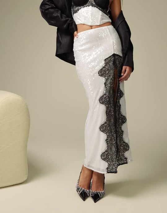 ASOS DESIGN co-ord sequin midi skirt with lace split detail in white - Image 2