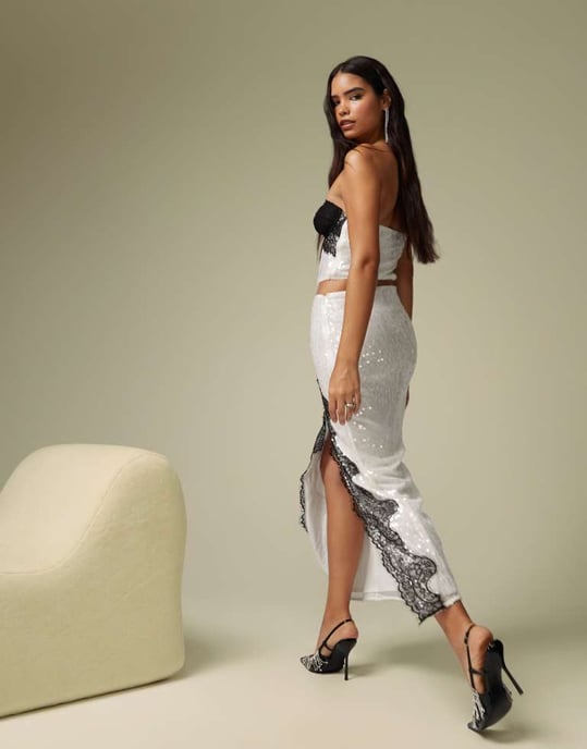 ASOS DESIGN co-ord sequin midi skirt with lace split detail in white - Image 4
