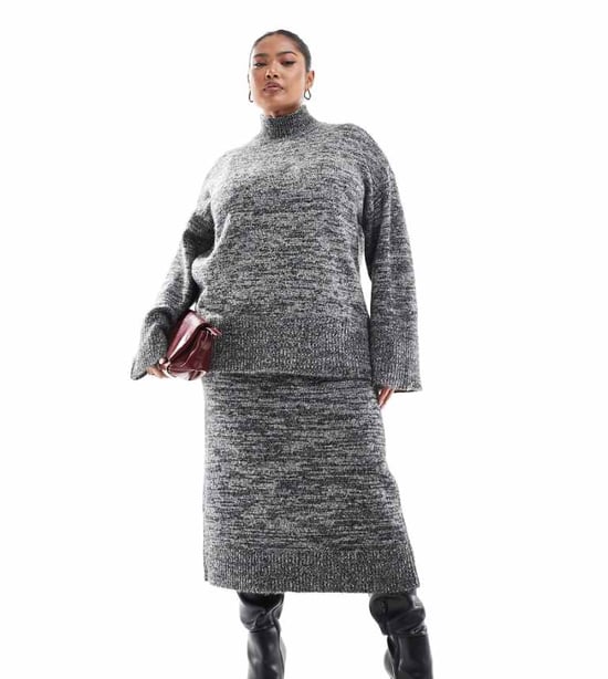 Vero Moda Curve knitted midi skirt co-ord in mono melange - Image 1