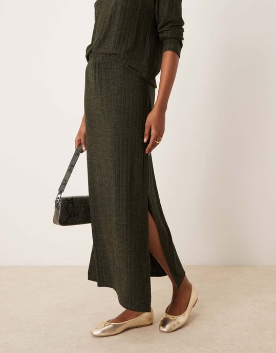 JDY ribbed midi skirt co-ord in khaki - Image 2