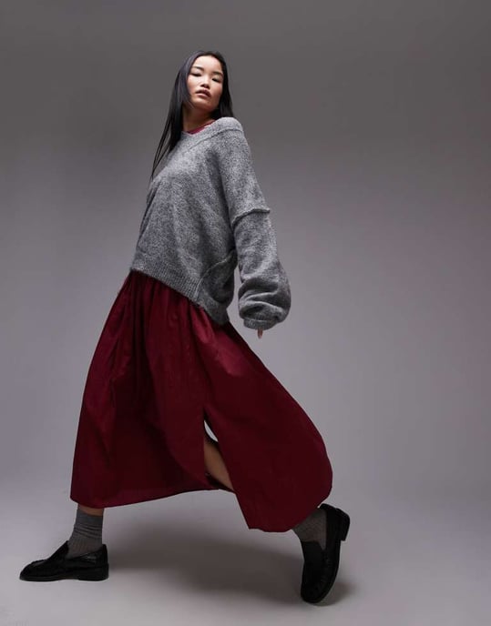 Topshop krinklad bomull tvättad helkjol i burgundy - Image 2