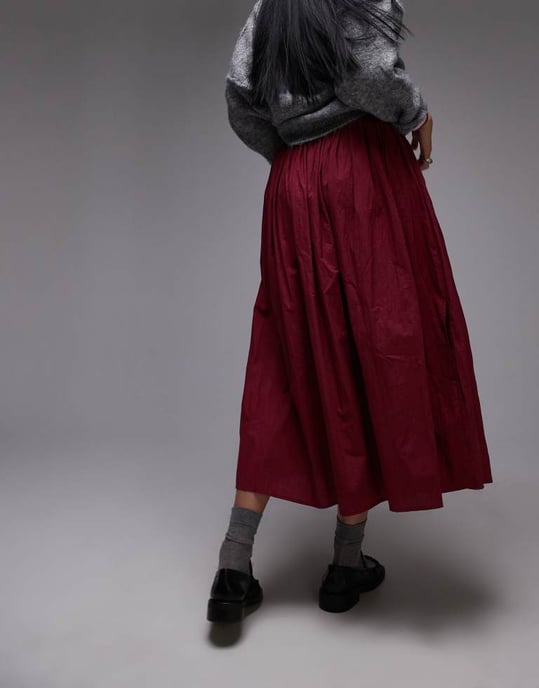 Topshop krinklad bomull tvättad helkjol i burgundy - Image 3
