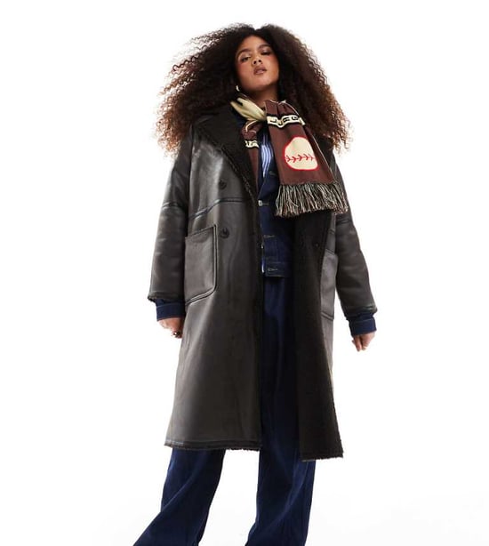 ASOS DESIGN Curve longline shearling jacket with contrast binding in brown - Image 1